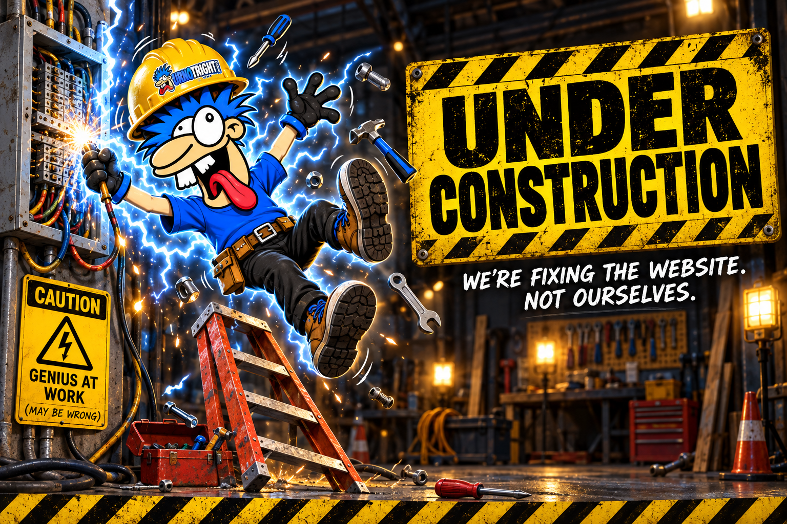 UNDER CONSTRUCTION. We’re fixing the website. Not ourselves. Our mascot in electrical construction chaos.